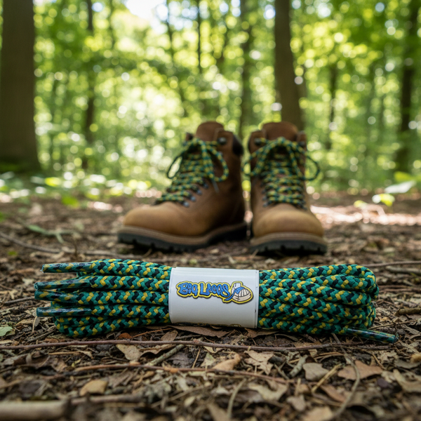 a pair of round jade green black and yellow bootlaces suitable for hiking and walking boots
