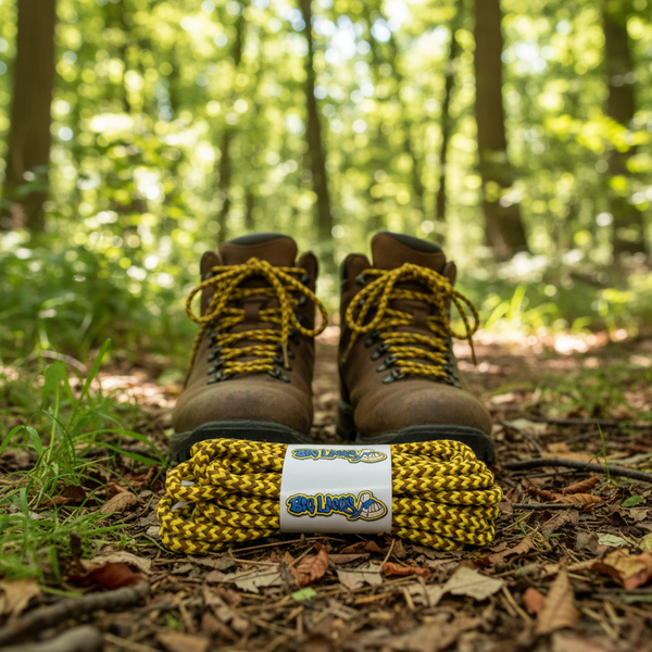 a pair of yellow and brown bootlaces suitable for hiking and walking boots
