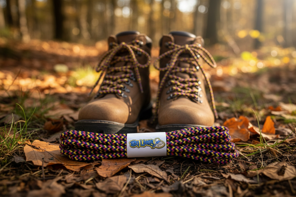 a pair of round yellow pink purple and black bootlaces suitable for hiking and walking boots
