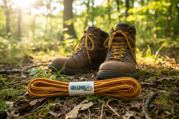 a pair of red and yellow bootlaces suitable for walking or hiking boots
