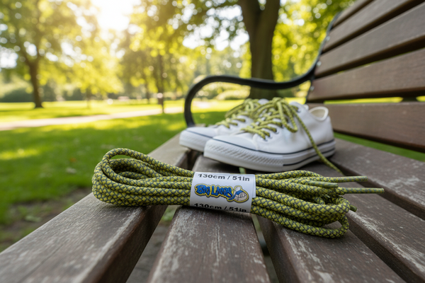 a pair of rope style 5mm wide yellow shoelaces with a reflective weave