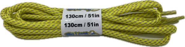 a pair of rope style 5mm wide yellow shoelaces with a reflective weave
