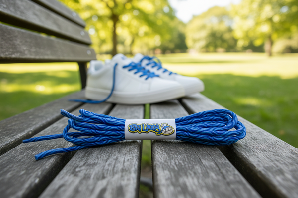 a pair of royal blue with light blue swirl elastic lock shoelaces