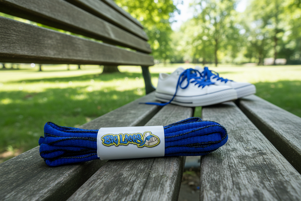 a pair of oval royal blue and black shoelaces for running shoes