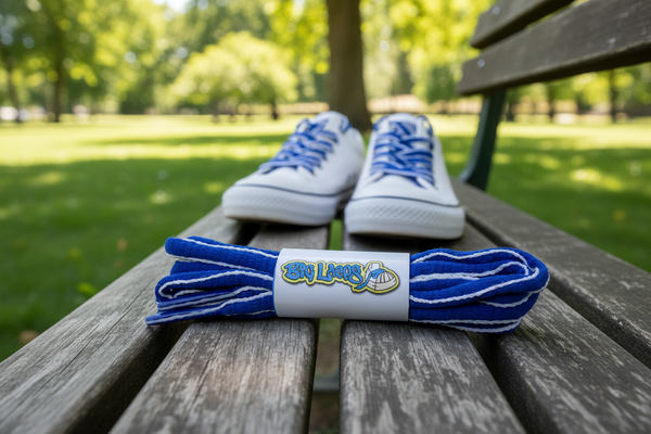 a pair of oval royal blue and white shoelaces for running shoes