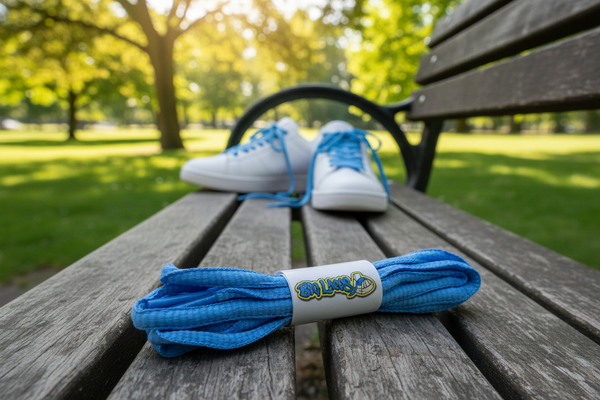 a pair of oval azure blue shoelaces for running shoes