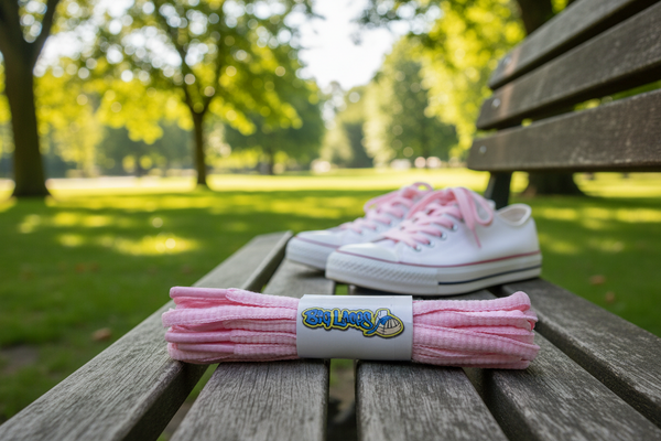 a pair of oval baby pink shoelaces for running shoes