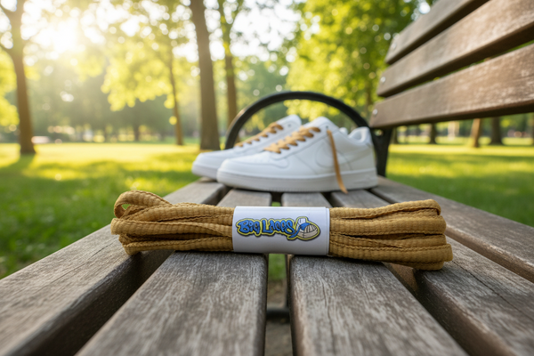 a pair of oval caramel brown shoelaces for running shoes