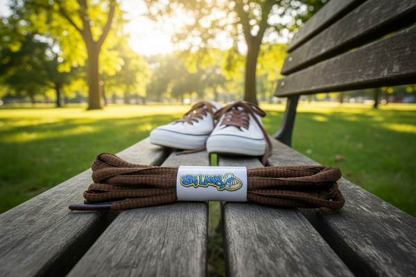 a pair of oval chocolate brown shoelaces for running shoes