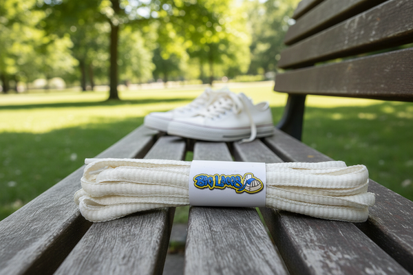 a pair of cream oval shoelaces for running shoes such as asics, nike, new balance