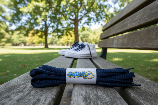 a pair of oval dark navy blue shoelaces for running shoes