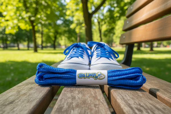 a pair of oval electric blue shoelaces for running shoes