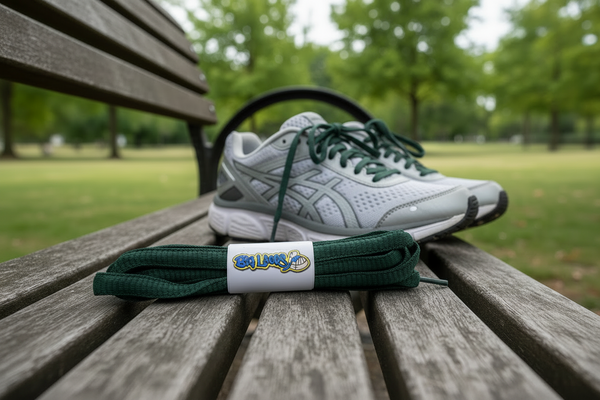 a pair of forest green oval shoelaces for running shoes such as asics, nike, new balance
