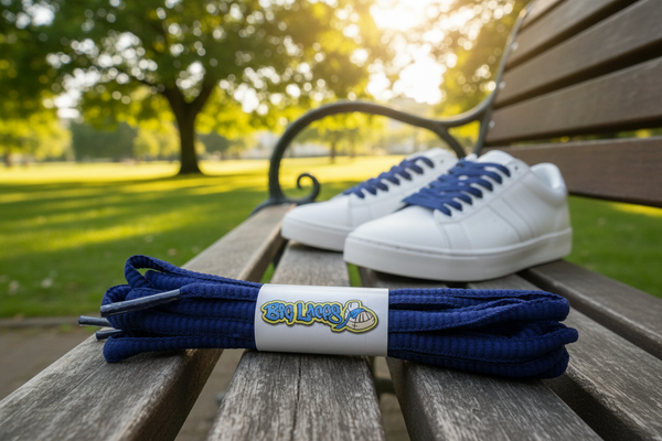 a pair of oval french navy blue shoelaces for running shoes