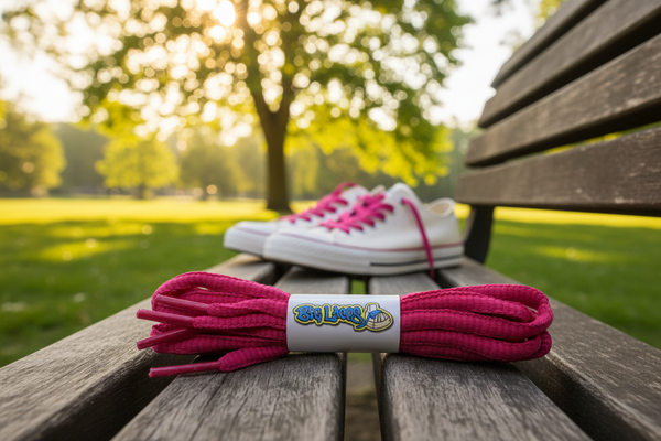 a pair of oval hot pink shoelaces for running shoes