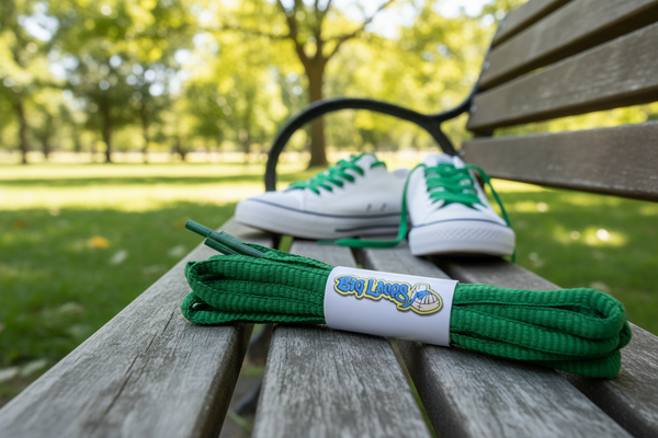 a pair of oval kelly green shoelaces for running shoes