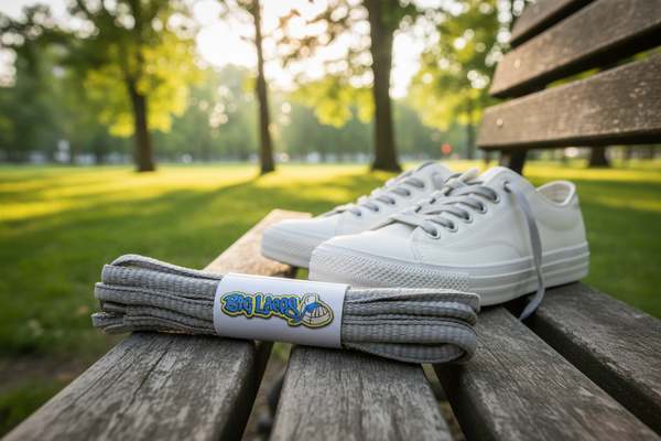 a pair of oval light grey shoelaces for running shoes