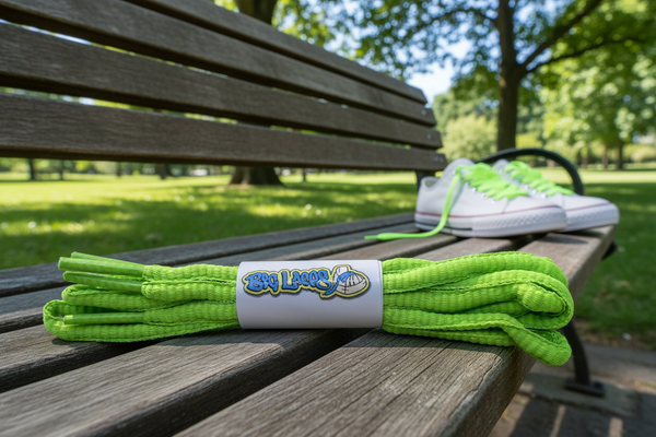 a pair of oval neon green shoelaces for running shoes