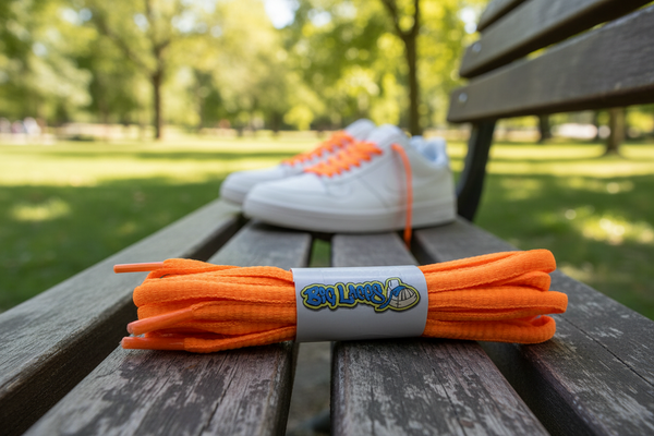 a pair of oval neon orange shoelaces for running shoes