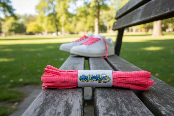 a pair of oval neon pink shoelaces for running shoes