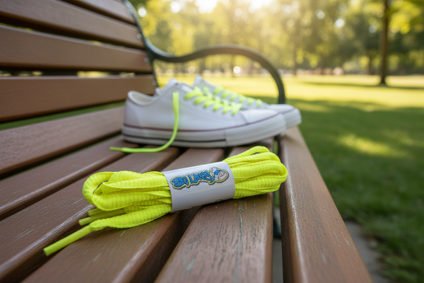 a pair of oval neon yellow shoelaces for running shoes