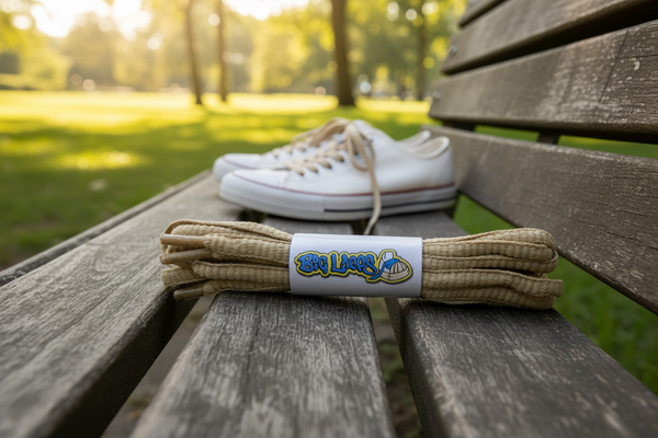 a pair of oval oatmeal shoelaces for running shoes