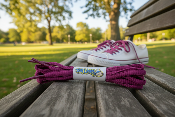 a pair of oval plum shoelaces for running shoes