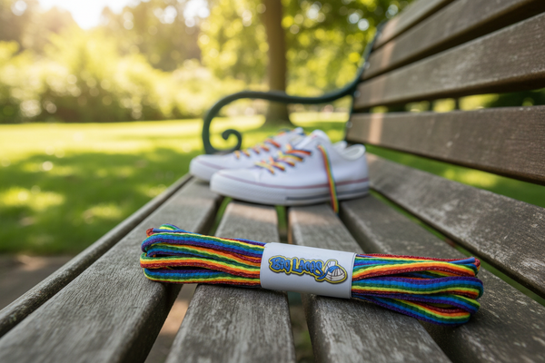 a pair of oval rainbow pride shoelaces