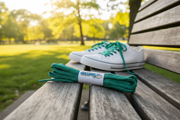 a pair of oval sea green shoelaces for running shoes