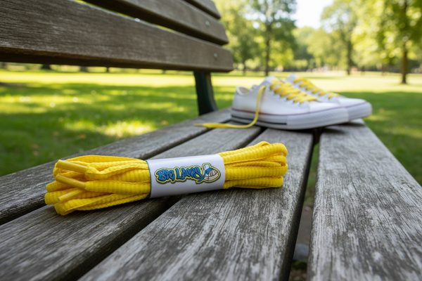 a pair of oval yellow shoelaces for running shoes