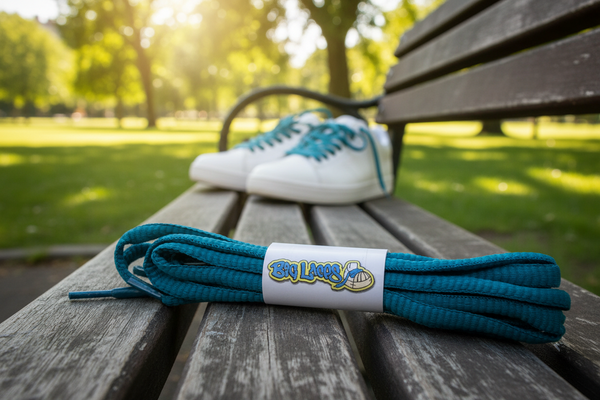 a pair of oval teal shoelaces for running shoes