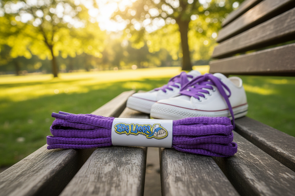 a pair of oval violet shoelaces for running shoes