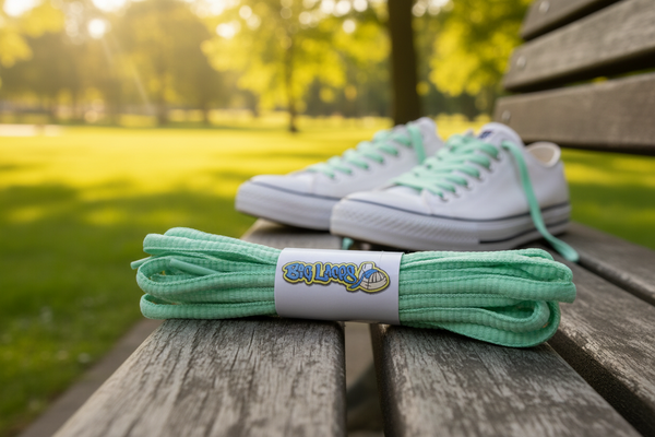 a pair of oval jade green shoelaces for running shoes