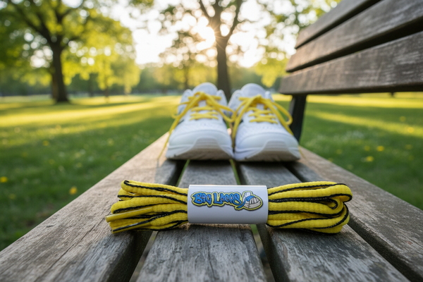 a pair of oval yellow and black shoelaces for running shoes