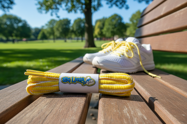 a pair of oval white and yellow shoelaces for running shoes