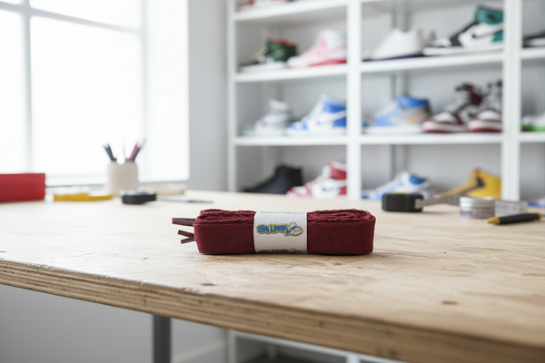 a pair of flat burgundy 20mm wide shoelaces
