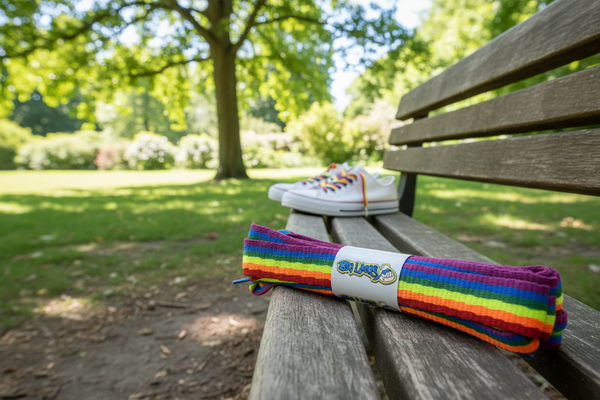 a pair of 20mm wide flat rainbow pride flag shoelaces
