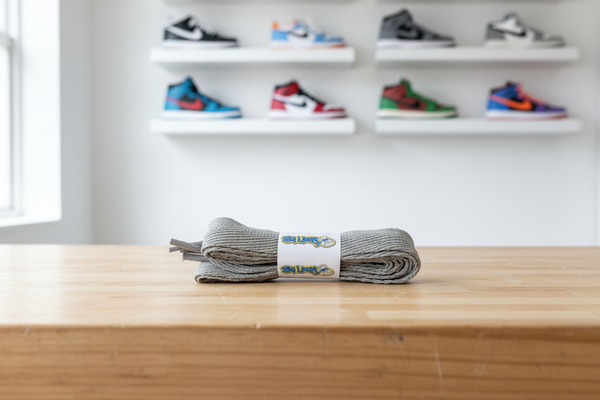 a pair of flat light grey 20mm wide shoelaces