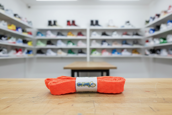 a pair of flat neon peach 20mm wide shoelaces