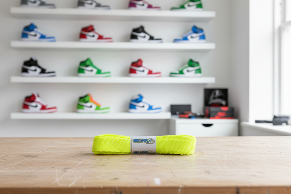 a pair of flat neon yellow 20mm wide shoelaces