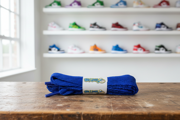 a pair of flat royal blue 20mm wide shoelaces