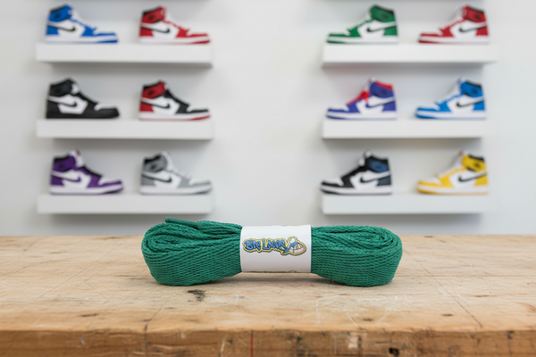 a pair of flat sea green 20mm wide shoelaces
