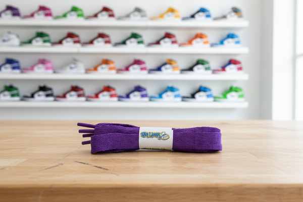 a pair of flat violet purple 20mm wide shoelaces
