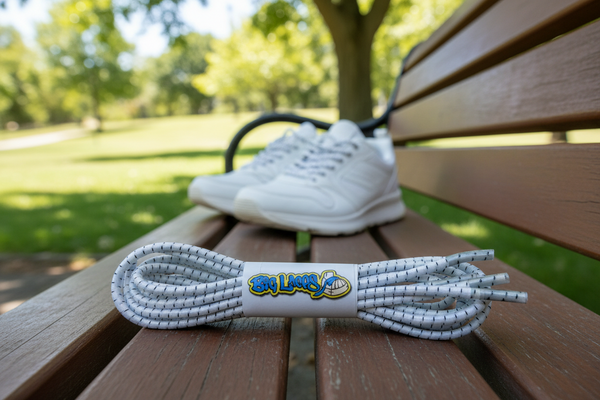 a pair of white with black fleck elastic lock shoelaces