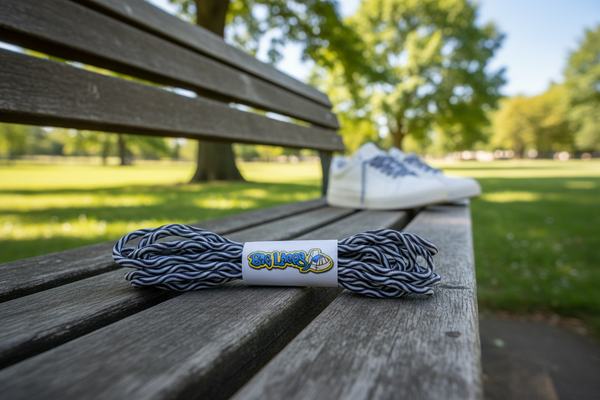 a pair of white with black swirl elastic lock shoelaces

