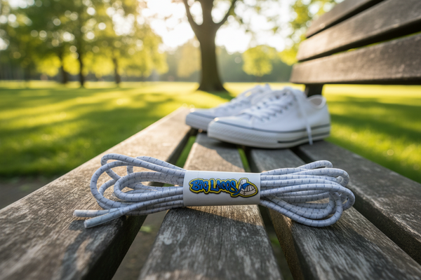 a pair of white with grey fleck elastic lock shoelaces
