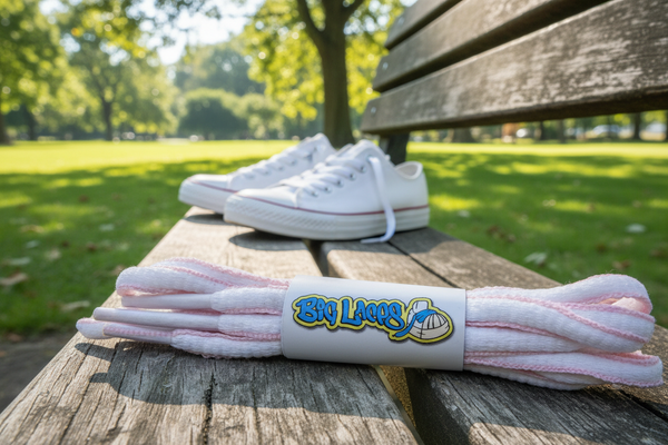 a pair of oval white and baby pink shoelaces for running shoes