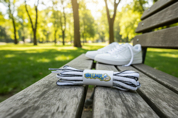 a pair of oval white and black shoelaces for running shoes