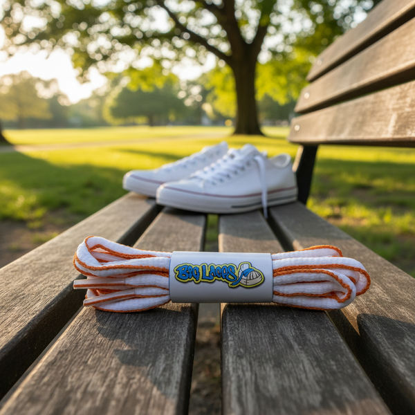 a pair of oval white and orange shoelaces for running shoes
