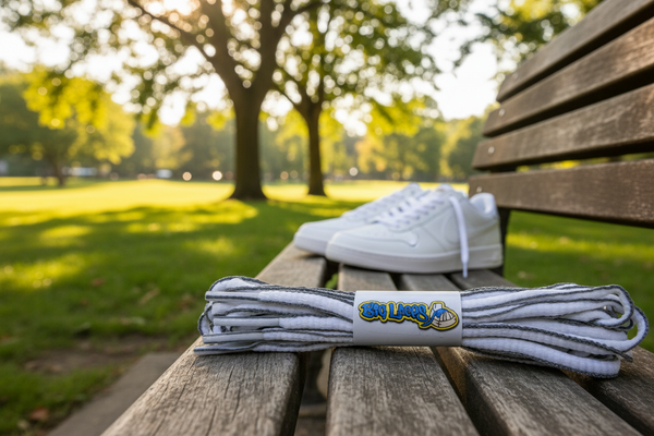 a pair of oval white and dark grey shoelaces for running shoes